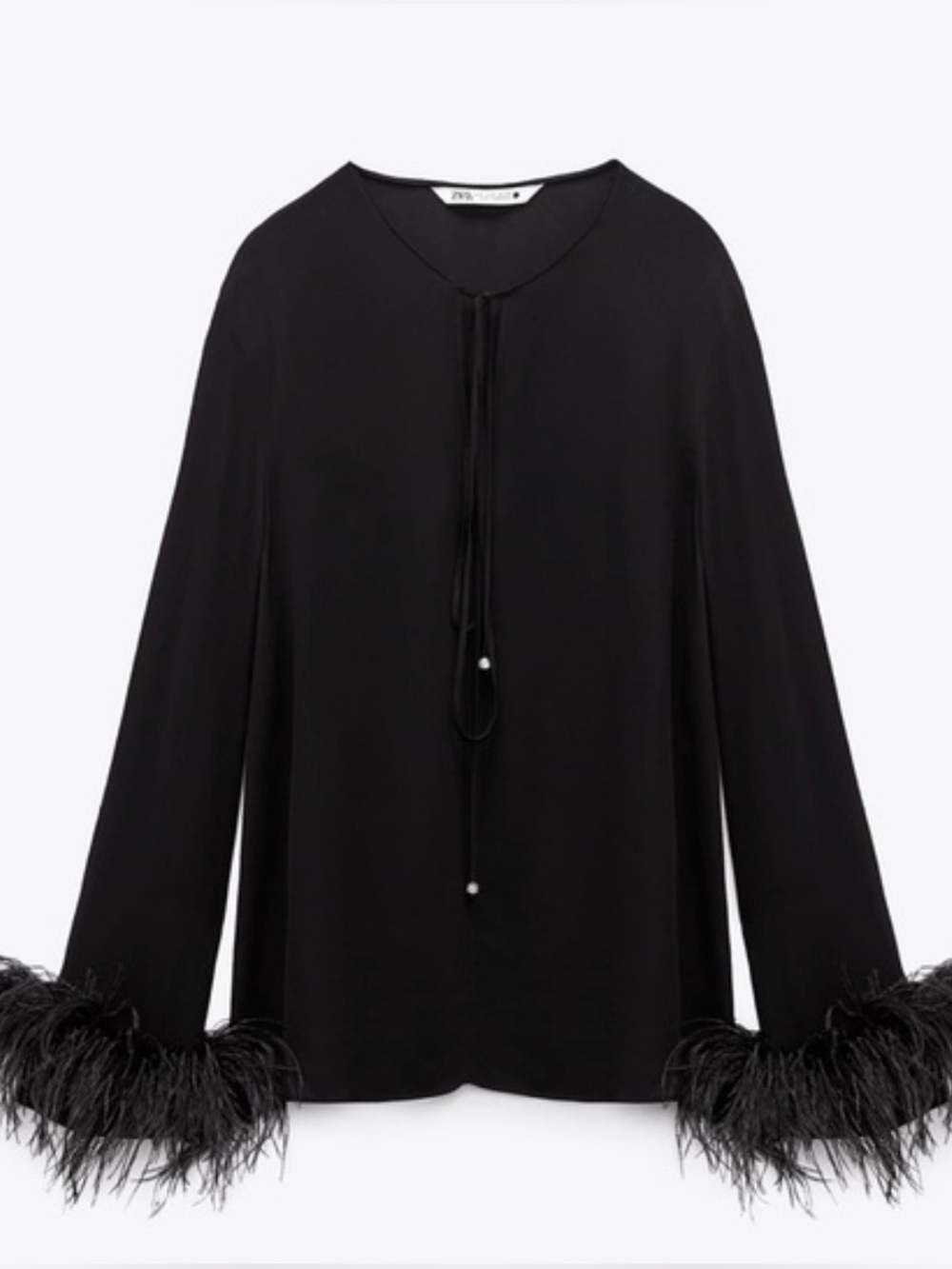 Zara Black Tie-Neck Blouse with Feather Cuffs